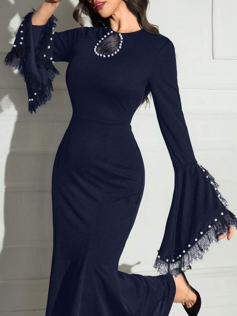 Modelyn Women's Round Neck Long Sleeve Lace Patchwork Fitted Long Black Formal Elegant Dress Long Evening Dresses - Navy Blue - View 1