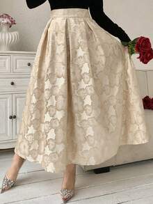 DAZY 女士印花A字褶裥半身裙，优雅半身裙 - 杏色 - 查看 6