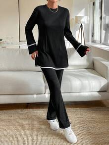 EURMUSE 撞色飾邊長袖 T 恤和褲子套裝 - 黑色 - 查看 5