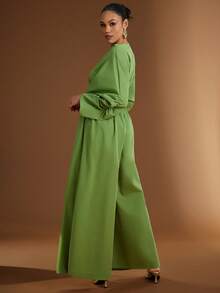 Hauture Women's Sexy Elegant Daily Low Front With Ruched Puff Sleeves And Plated Wide Leg Pant Jumpsuit - Green - View 2