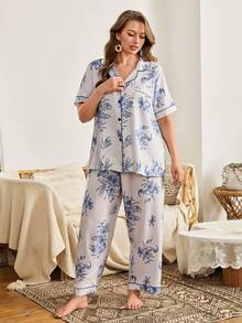 Serenescape Floral bedruckter Kontrast-Saum Kragen Knopf Vorderseite Pyjama Set, Damen Pyjama Set, Damen Sommer Pyjama Set, Knopf Pyjama Set, Blau Floral Pyjama Set - Verschiedenfarbig - Übersicht 5
