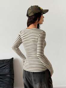 StreetHx 女士秋季蕾丝边饰叠层长袖条纹T恤