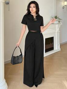 Modelyn Bộ đồ nữ thanh lịch công sở gồm áo tay ngắn và quần ống rộng đính kim loại, thích hợp cho mùa hè. - màu đen - Xem 3