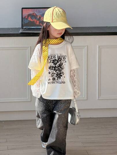 DAZY 女童圆领休闲韩版二合一蕾丝拼接春夏上衣T恤