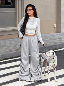 Muchica Pantalon de survêtement gris tricoté à taille élastique pour femmes - Gris - Voir 1