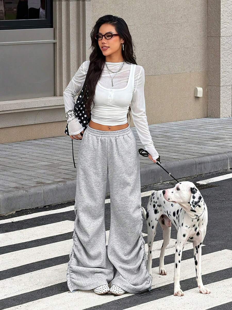 Muchica Pantalon de survêtement gris tricoté à taille élastique pour femmes - Gris - Voir 1