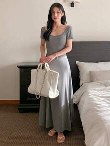 DAZY Women's Square Neck Bodycon Mid-Length Dress, Grey Short Sleeve - Grey - View 6