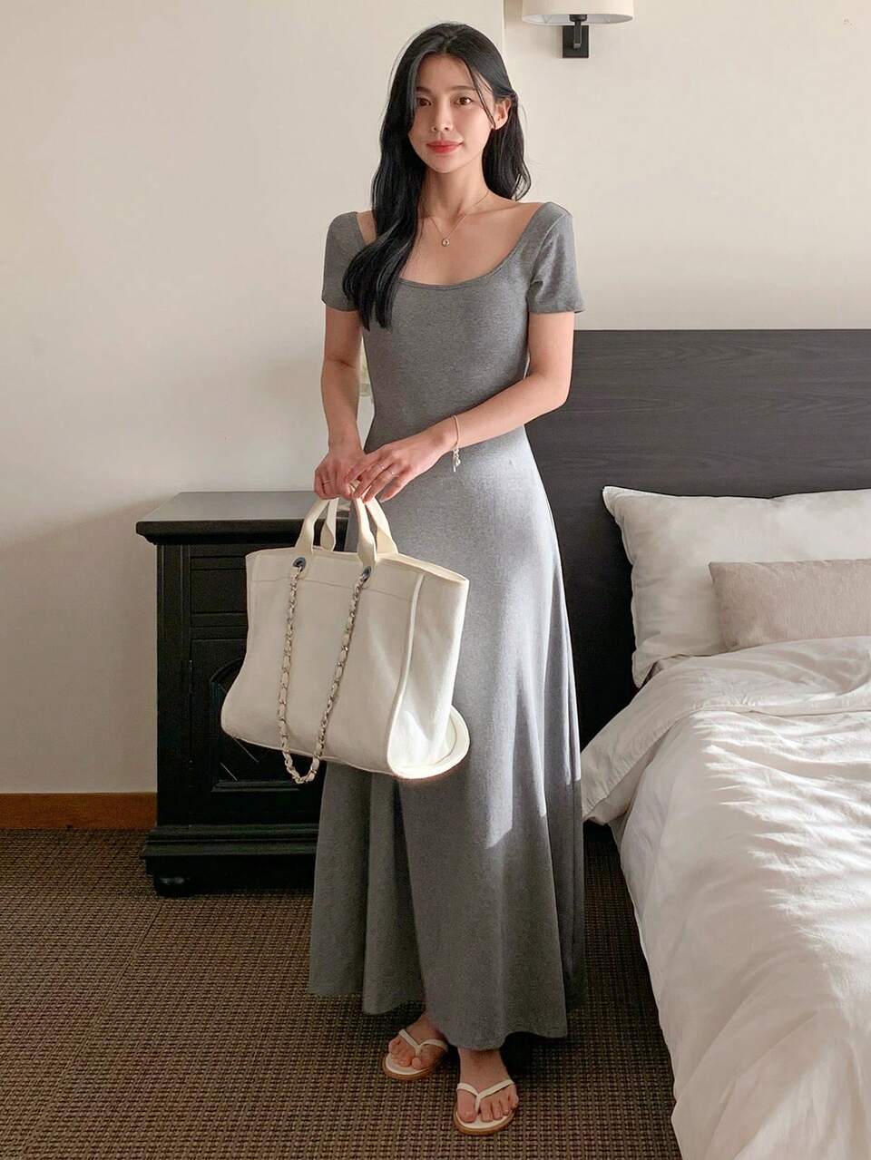 Women's Square Neck Bodycon Mid-Length Dress, Grey Short Sleeve Summer