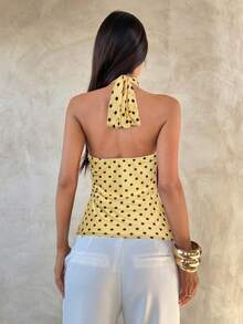 Aloruh 女士优雅多层荷叶边立领修身露背上衣，女士优雅波点上衣，女士度假套装，波点上衣，女士Y2K假日上衣，女士黄色上衣，夏季假日，音乐节派对。黄色夏季上衣，可爱黄色上衣，荷叶边黄色上衣 - 黃色 - 查看 2