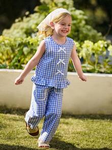 Blossori Set de 2 piezas de top con chaleco y pantalones a cuadros con decoración de moño floral vintage para niñas pequeñas, adecuado para primavera/verano y vacaciones al aire libre - Azul - Ver 4
