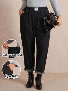 Elaquor 大码黑色高腰牛仔裤，舒适弹力腰带，锥形裤型，经典牛仔面料，百搭黑色长裤 - 黑色 - 查看 2