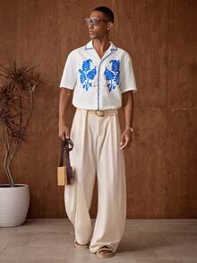 AKNOTIC 男士撞色短袖落肩休闲纽扣衬衫，适合夏季度假穿着，100% 男士度假装，衬衫，鹰形衬衫，Sumwon 巴拿马衬衫搭配 - 白色 - 查看 5