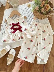LMoss Kids LMoss   2pcs Baby Girl Ditsy Floral Woven Casual Vest And Long Pants Set,Summer Outfits,Baby Girls Clothes,Girls Outfit Sets - Multicolor - View 1