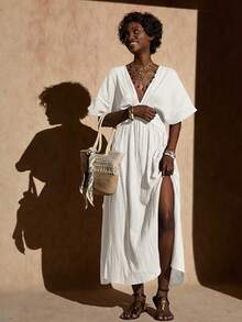 Green Printed Long Summer Of Shoulder Dress - White - View 3