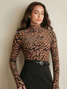 Anewsta Velvet Burnout Sheer Long Sleeve Fitted Top - Brown - View 6