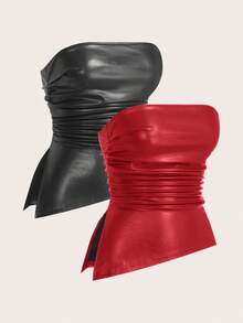 SHEIN EZwear 2pcs Women's Solid Color PU Bandeau Tops, Spring/Summer,Red Top,Christmas Strapless Tops Leather Tube Top Strapless Shirt Tube Top Red Tube Top,Red Tops For Women