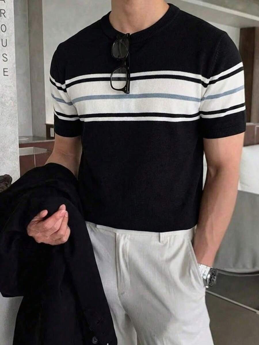 Marcello Vane 男士撞色条纹短袖针织上衣,希腊度假夏季款,适合日常穿着 - 黑色 - 查看 1