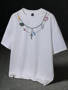 STYNVO Men's White Summer Streetwear Short Sleeve T-Shirt,Cross & Numeral Print Crew Neck Casual Tee,Y2k Vintage City Break Vacation Valentine's Day - White - View 1