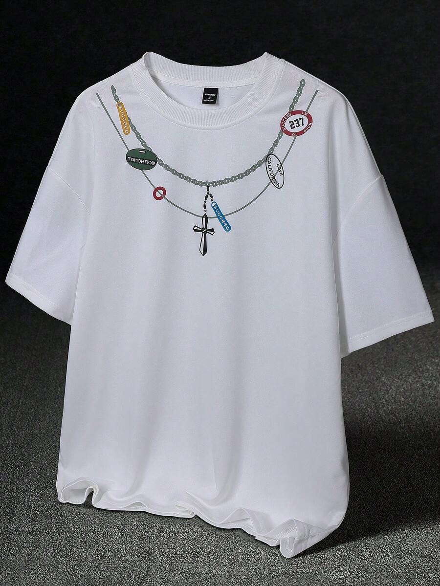 STYNVO Men's White Summer Streetwear Short Sleeve T-Shirt,Cross & Numeral Print Crew Neck Casual Tee,Y2k Vintage City Break Vacation Valentine's Day - White - View 1