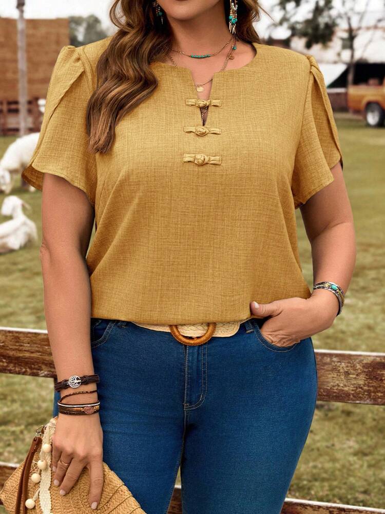 Plus Size Solid Color Petal Sleeve Button-Up Shirt, Summer