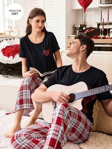 CoupledUp 男士爱心印花短袖上衣和红白格子裤睡衣套装（2件套）