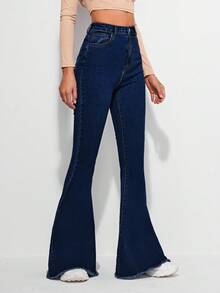 SHEIN LUNE Celana Jeans Vintage Model Flare dengan Pinggang Tinggi, Saku Miring, Ujung Bawah Belum Dikerjakan, dan Potongan Mengembang - Dark Wash - View 5