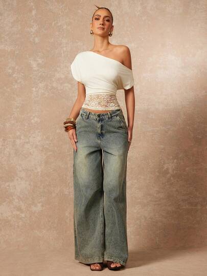 Lumalex Elegant damblus med spetsmönster och volang i axeln