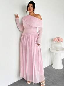 Firerie 大码优雅通勤纯色不对称领连衣裙 - 粉色 - 查看 3