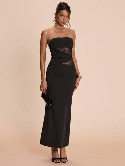 SHEIN BAE 女士黑色蕾丝腰部拼接直筒连衣裙，黑色连衣裙，婚礼宾客礼服，生日礼服，约会礼服，情人节礼服