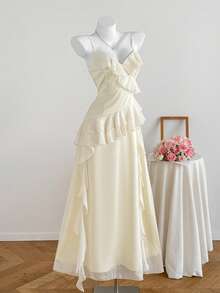 Comfortcana Women's Elegant Solid Color Ruffle Strap Dress, Summer Long Birthday Dress - Apricot - View 4