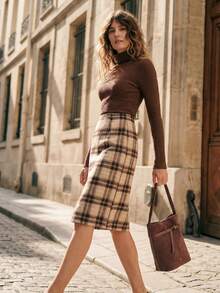 Écloséra Women's Autumn/Winter Fashionable Daily Wear Versatile Two-Piece Set For Women, Slim Fit Pullover Two-Piece Set With Ribbed Knit Plaid Skirt, Autumn/Winter Women's Two-Piece Set, Women's Thanksgiving Outfit, Women's Two-Piece Set, Christmas Outfit, Brown Two-Piece Set, New Year's Outfit, Women's Vacation Outfit, Elegant Top And Skirt Two-Piece Set, Graduation Season Women's Set, Elegant Women's Set - Multicolor - View 1