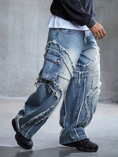 Street Life Men's Casual Avant Loose Fit Slant Pocket Distressed Denim Jeans