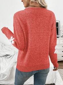 EMERY ROSE Suéter de punto holgado de manga larga con cuello redondo y estampado de flores esponjosas, para mujer, para otoño/invierno - Naranja - Ver 2