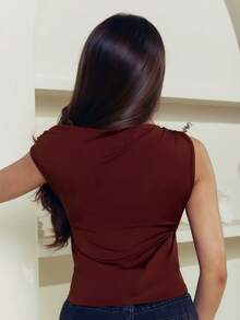 Criza Taa 2 pièces/set T-shirt ajusté à col asymétrique, Top casual polyvalent, printemps/été - Multicolore - Voir 6