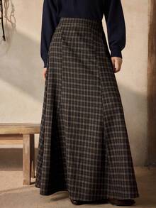 SHEIN PETITE Women's Minimalist Pleated Elastic Waist Midi Skirt, Vintage Plaid Pattern, Suitable For Office Commute, All Seasons