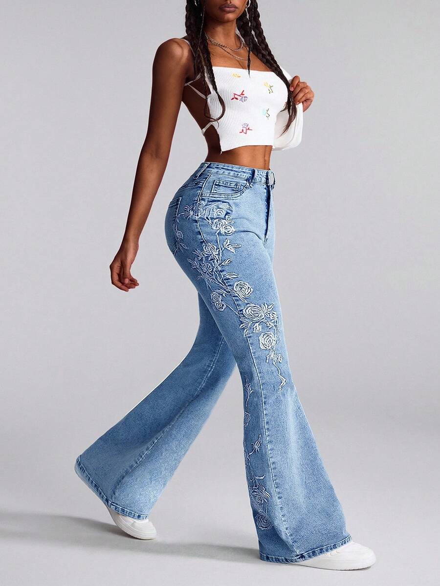 Slaydiva Quần jeans ống loe thêu giặt thường ngày cỡ lớn - Xanh đậm - Xem 1