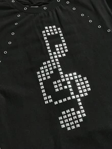 ROMWE Grunge Punk Spring/Summer Plus Size Black T-Shirt With Punk Music Note Rhinestone Grommets Valentine's Day - Black - View 11