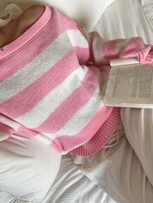 CovetEZ 女士休闲宽松露肩长袖条纹毛衣，秋冬款 - 粉色 - 查看 4