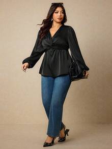 Elaquor Áo kiểu dáng thanh lịch tay phồng, màu trơn dành cho nữ, kiểu dáng đơn giản. - màu đen - Xem 3