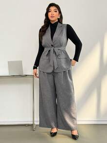SHEIN Essnce 大码女装秋冬时尚优雅宽松舒适日常穿着灰色西装套装，包括系带西装背心和阔腿裤，秋季穿搭，办公室着装，复古风格，裤装套装 - 灰色 - 查看 5