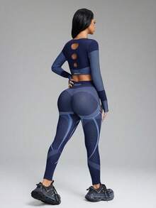 Innovista Women's Contrast Color Patchwork Cropped Top And Leggings Sports Suit Women's Seamless Long Sleeve Workout Set – Deep Light Blue Contrast Line Two Pieces Activewear With Back Cutout Design | High Support Quick Dry Yoga Pilates HIIT Gym Suit | Compression Leggings & Functional Sports Bra | Tummy Control, UV Protection, Breathable, Figure-Flattering Athleisure Outfit | Office To Gym, Cardio, Running, Outdoor Exercise | Viral Reel Ready FYP INSTA OOTD Fitness | Premium Durable| Set Latina UK European Brazilian Mexicana - Blue - View 10