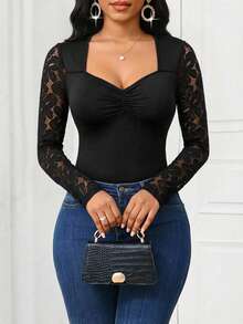 SHEIN Lady Women's Fashion Casual Sweetheart Collar Lace Long Sleeve T-Shirt - Black - View 6