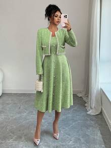 Elenzga Bộ trang phục nữ mùa thu sớm hẹn hò, phù hợp cho mùa tựu trường, trang phục giáo viên, phong cách Trung Đông, thanh lịch trưởng thành, công sở thường ngày, lãng mạn kiểu Pháp, váy midi dáng chữ A thắt eo đính hạt kiểu Hàn Quốc và áo khoác ngắn tay dài hai mảnh. - bơ xanh - Xem 3