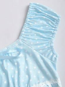 Sweetra 波点娃娃领针织印花波点蝴蝶结休闲修身罗纹边T恤，甜美可爱，春夏款 - 藍色 - 查看 3