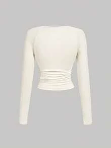 SHEIN MOD 女士纯色圆领长袖时尚百搭T恤 - 彩色 - 查看 6