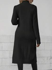 EMERY ROSE Casual Solid Color Stand Collar High Slit Sweater, Autumn/Winter - Black - View 2