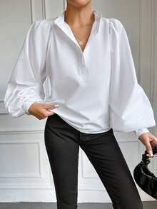 EURMUSE Button Front Half Placket Puff Sleeve Women's Shirt - White - View 3