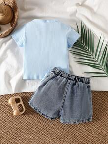 SHEIN Vintaside Kids 2pcs/Set,Baby Girl Spring&Summer Casual Style,Solid Color Short Sleeves T-Shirt&Shorts - Blue - View 2