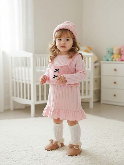 Baby Girls' 2 In 1 Bow Decor Long Sleeve Round Neck Ribbed Striped Dress, Children's Clothing, Winter Cozy Pixies Baby Girl Dress Pink Warm Dresses For Baby Girl Baby Girl Long Sleeve Dress Baby Girl Clothes Spring Fall Casual Pink Toddler Dress