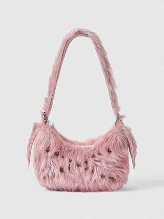 Grunge Punk Bolsos de hombro para damas/mujeres, de peluche, bolso de peluche, bolsos de motociclista con remaches punk, bolso tipo hobo, bolso de Navidad, regalos para mujeres, Día de San Valentín, cadena de metal, de moda, personalidad, versátil, compras, calle, dulce y fresco para chicas, chicas calientes, Y2K, diario, otoño e invierno (patrón aleatorio)